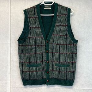 Vtg CRICKET Sweater Vest Unisex Large Green Wool Knit Cardigan Grandpa Academia